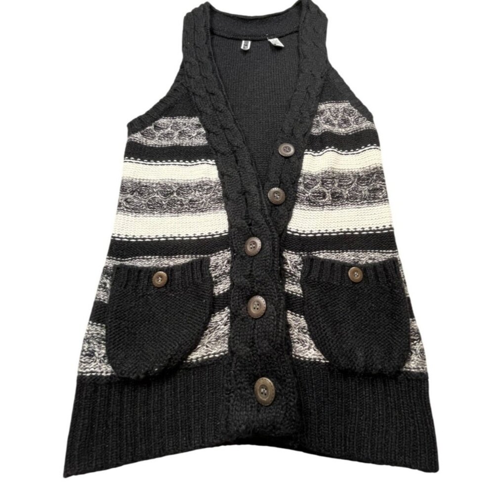 BKE Sweater Vest Womens Large Black Gray Sleeveless Button Front Knit Pockets